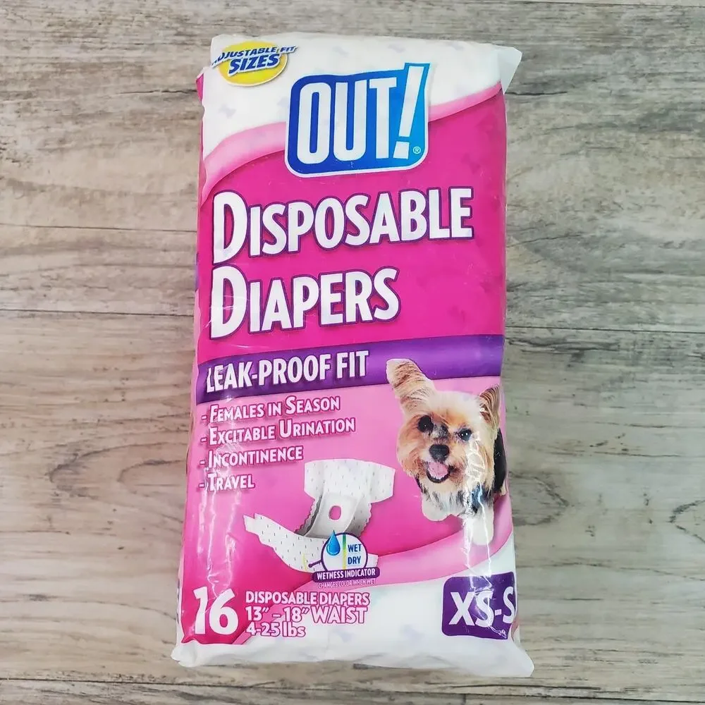 Out! XS/S Disposable Diapers Leak-Proof Fit for Female Dogs 16 Per Pack NEW